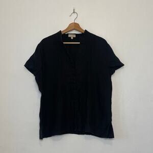 Vintage – Black Pleated Button Down Short Sleeve Linen Blouse